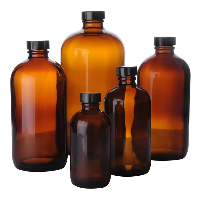Fisherbrand™ Safety Coated Amber Boston Round Glass Bottles with Black